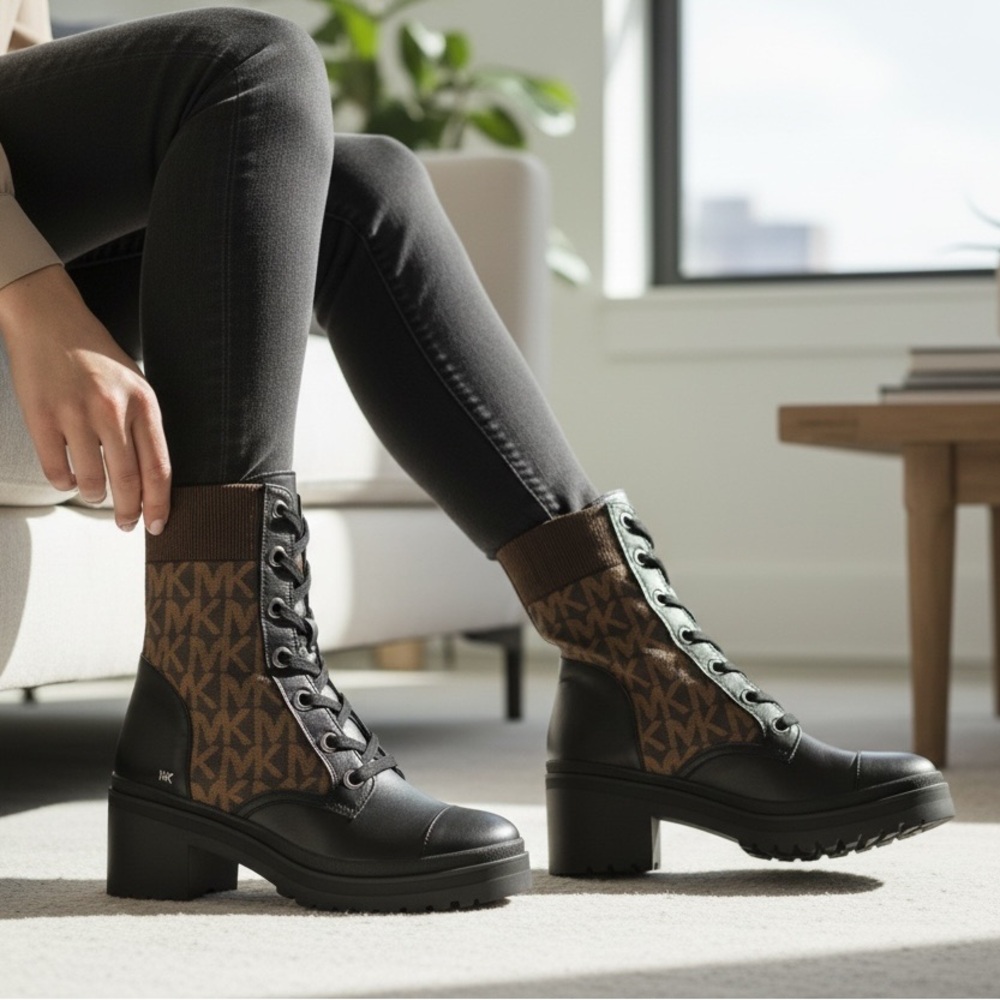 Michael Kors Brea Leather and Logo Jacquard Combat Boot
